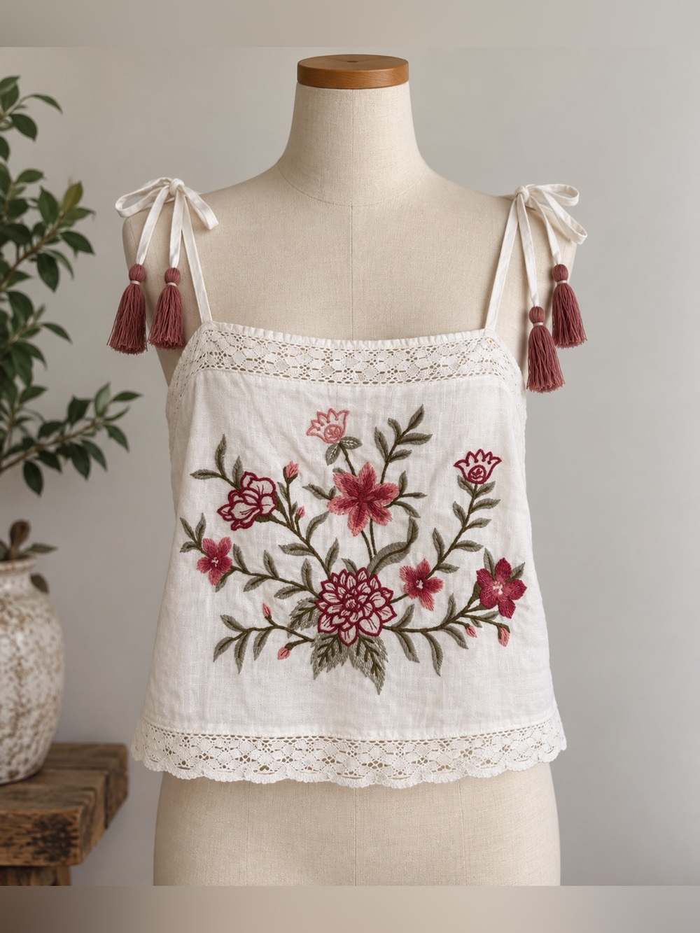 White Linen Camisole with Pink Floral Embroidery